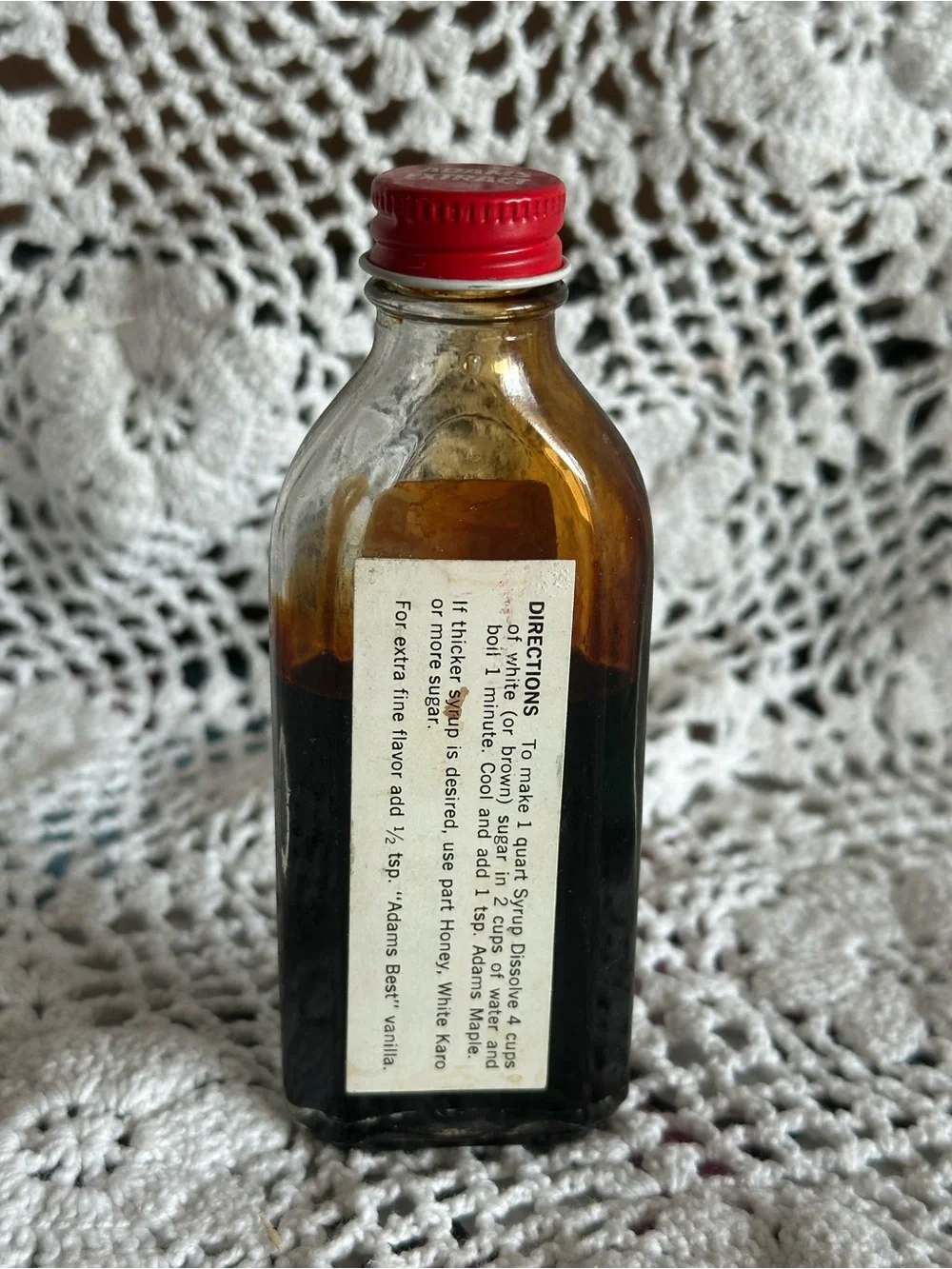 Vintage Adams Extract Imitation Maple Flavor Bottle - Red Cap, Amber Glass